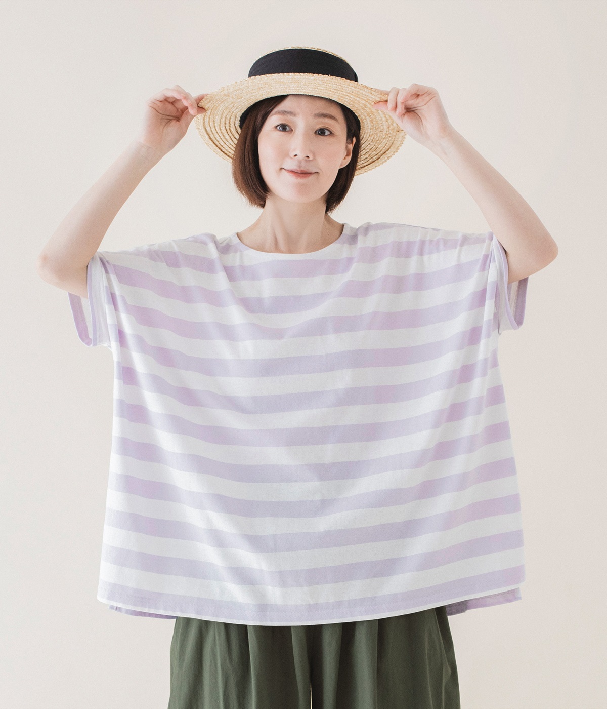 ボートネックボーダーTシャツ(パープル×ホワイト-ONESIZE)