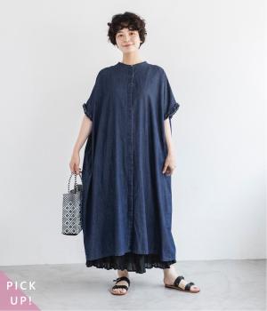 コットンデニム袖フリルワンピース