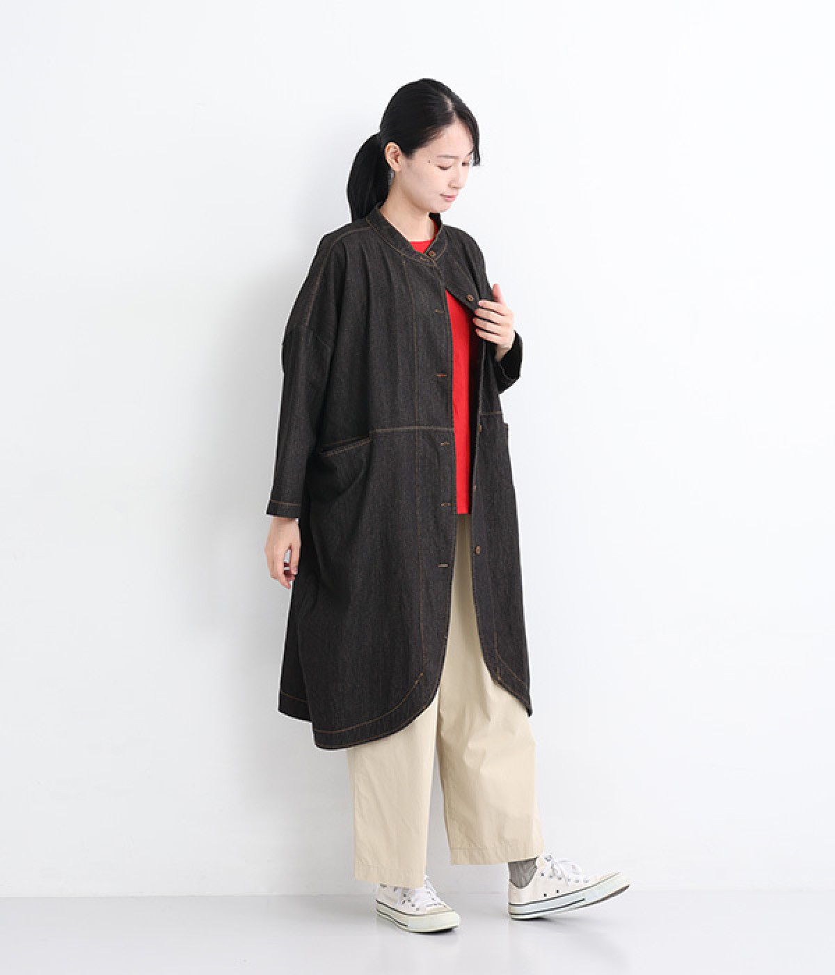 ラウンドロングデニムコート(ブラック-ONESIZE)