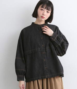 柔らかデニム 袖ふわりダブルステッチジャケット