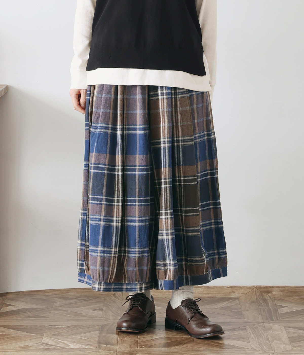 コットン ビッグチェックワイドパンツ(ネイビー系-ONESIZE)