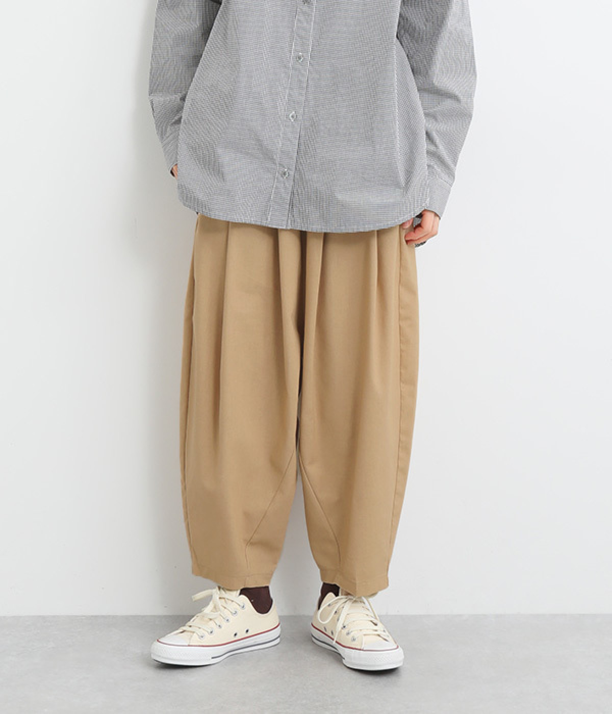 コットンリネン タックワイドパンツ(ベージュ-ONESIZE)