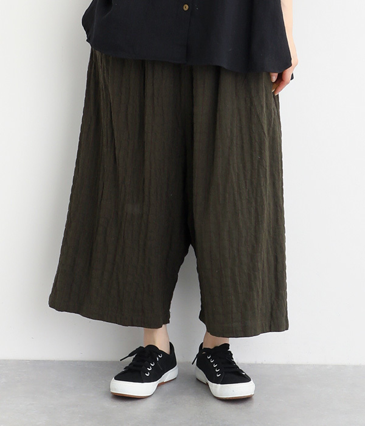 シャーリングストライプ ワイドアンクルパンツ(カーキ-ONESIZE)