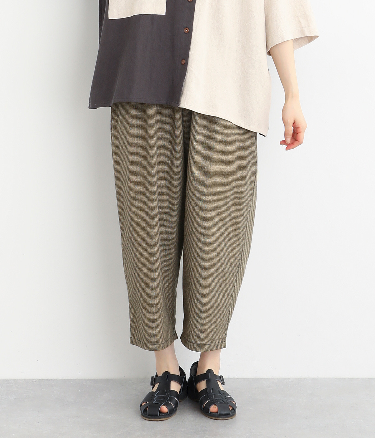 コットンリネン千鳥 アンクルテーパードパンツ(ブラック×チャコール-ONESIZE)
