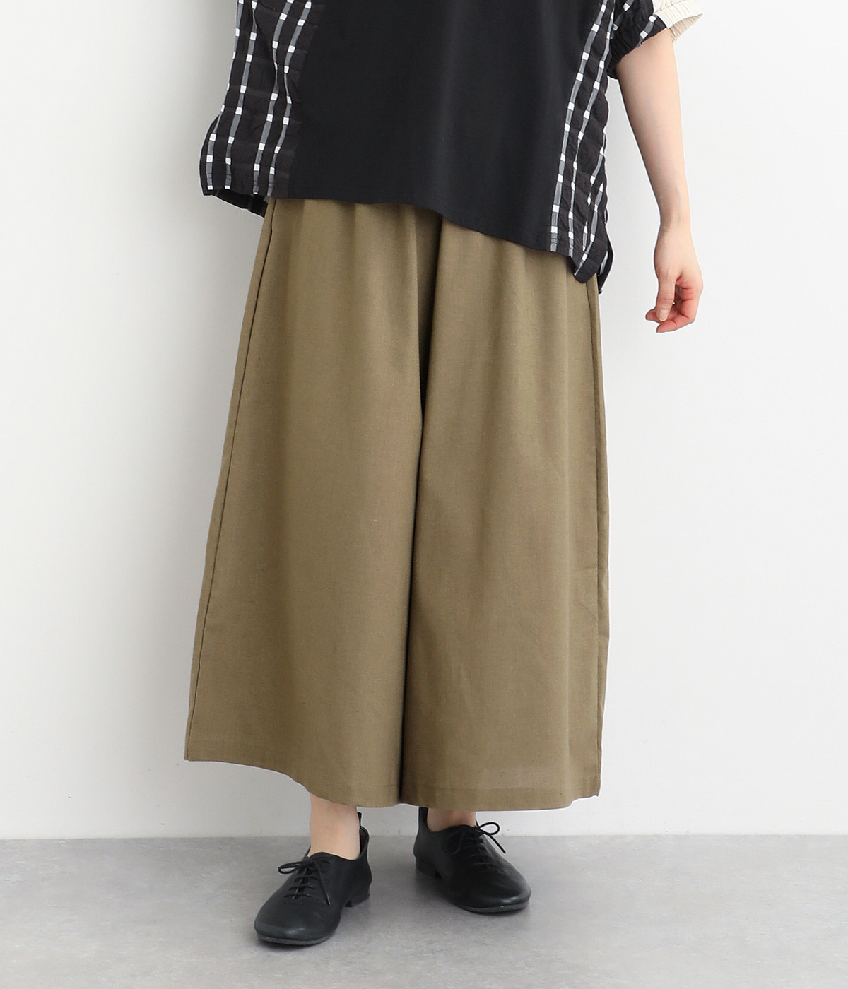 定番 コットンリネンアンクルガウチョパンツ(ベージュ-ONESIZE)
