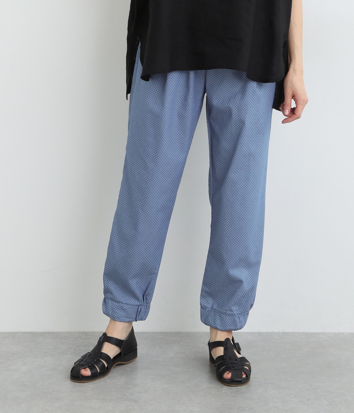 シャンブレーデニムdot裾ゴムゆるパンツ(ブルードット-ONESIZE)
