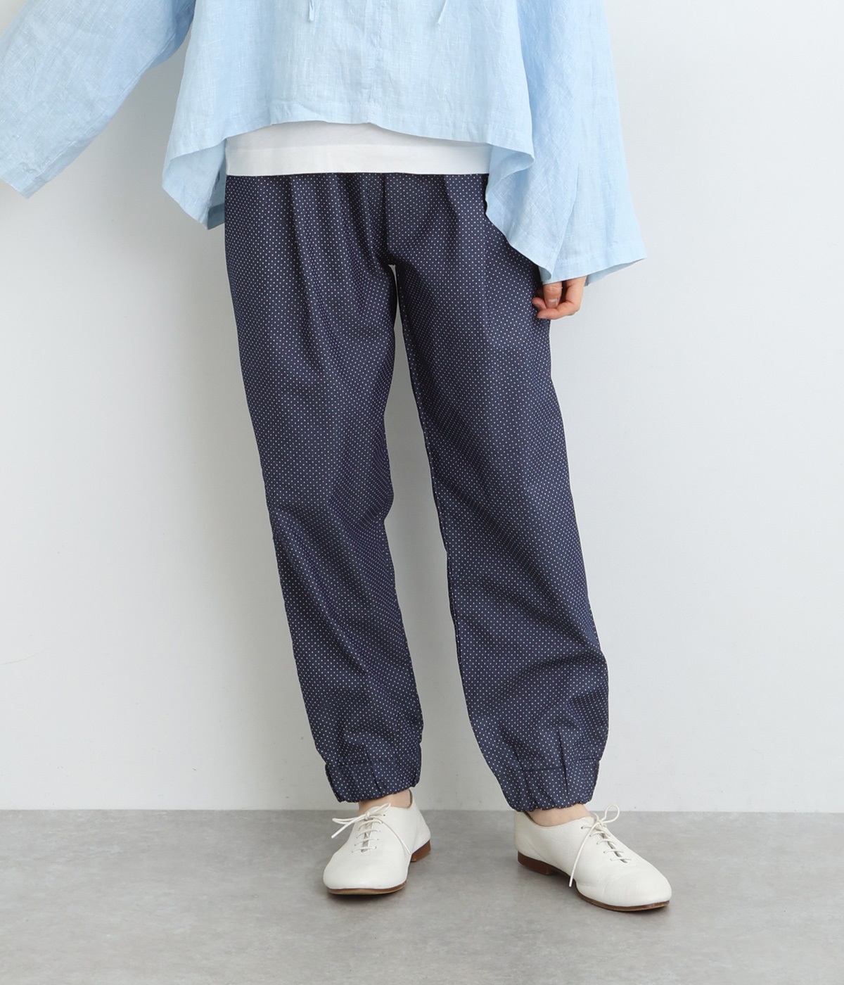 シャンブレーデニムdot裾ゴムゆるパンツ(ネイビードット-ONESIZE)