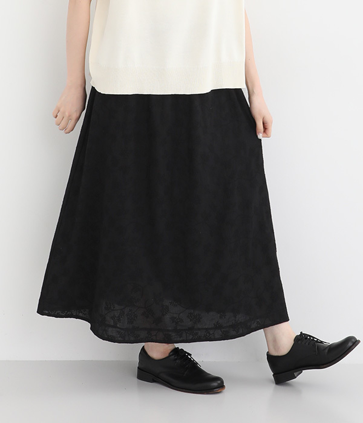 ドビー×刺繍  ロングスカート(刺繍ブラック-ONESIZE)