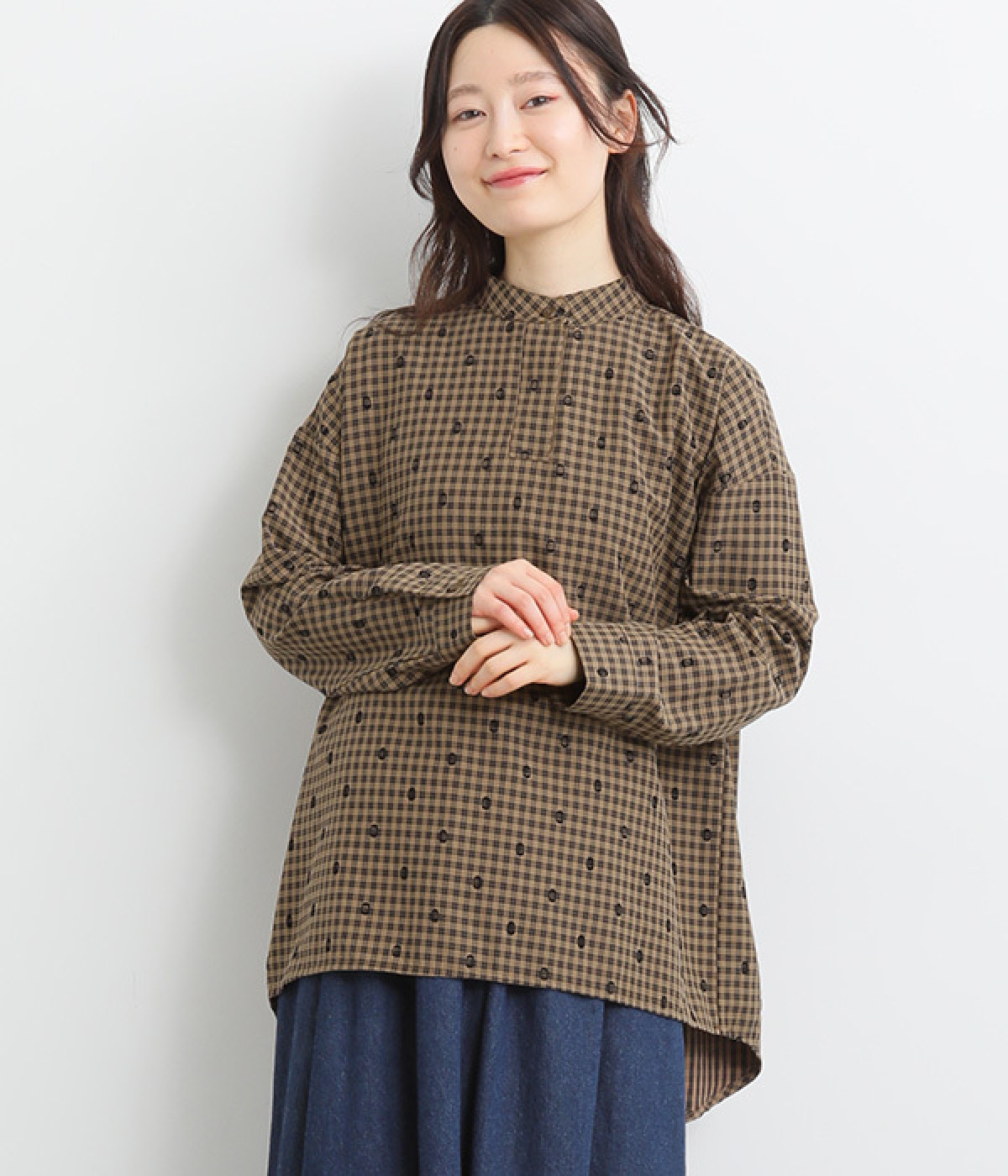 ドット×チェック 1つボタンプルオーバー(ブラウン系-ONESIZE)