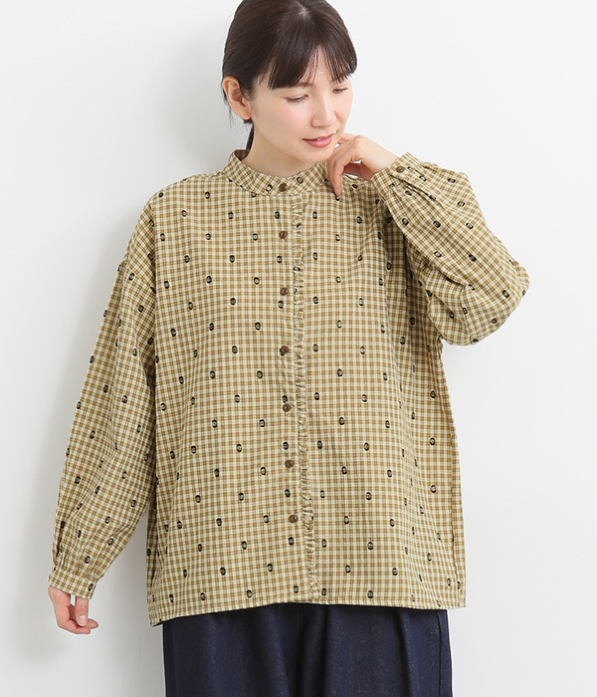 ドット×チェック 前立てフリルブラウス(ベージュ系-ONESIZE)