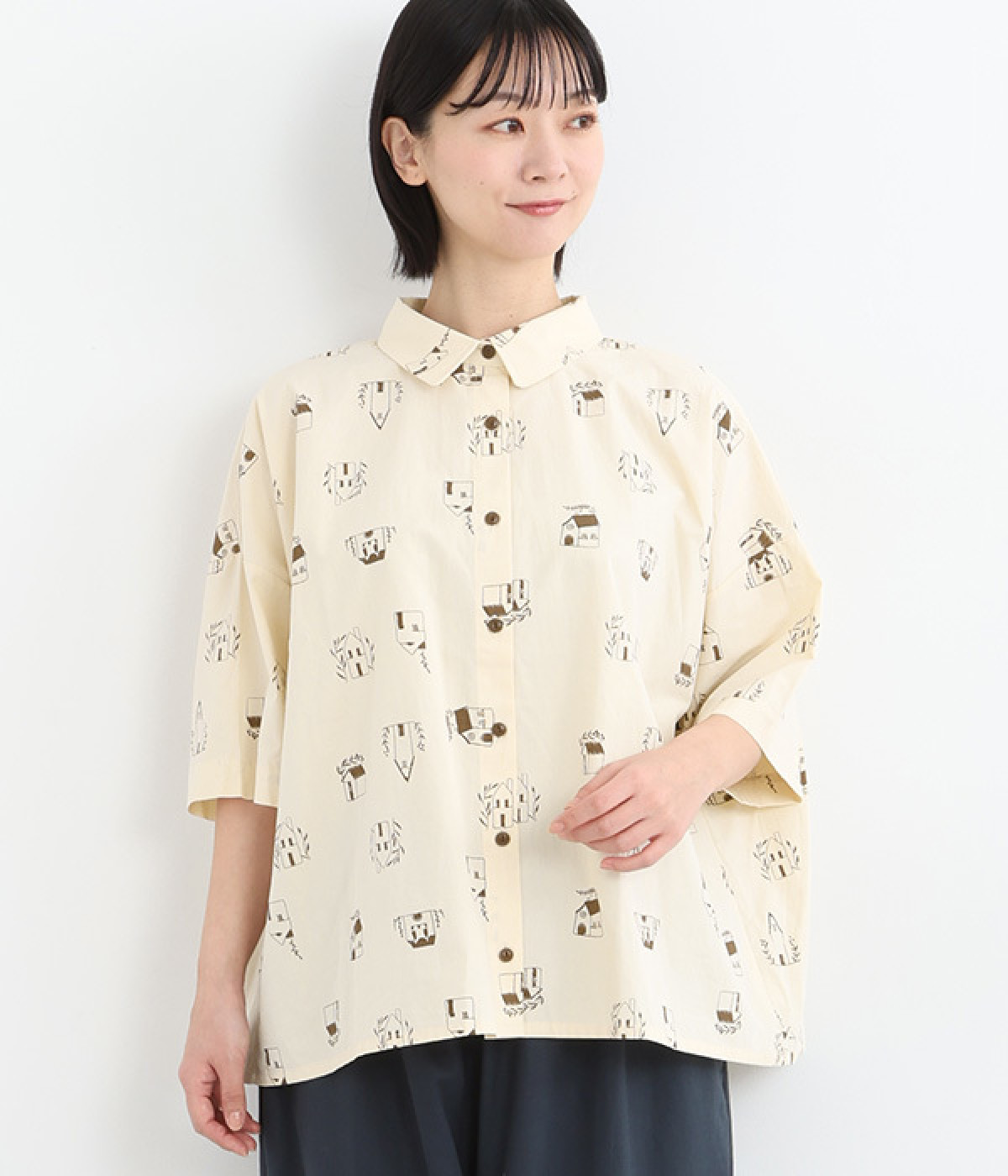 刺繍風お家プリント 丸襟ワイドシャツ(ナチュラル-ONESIZE)