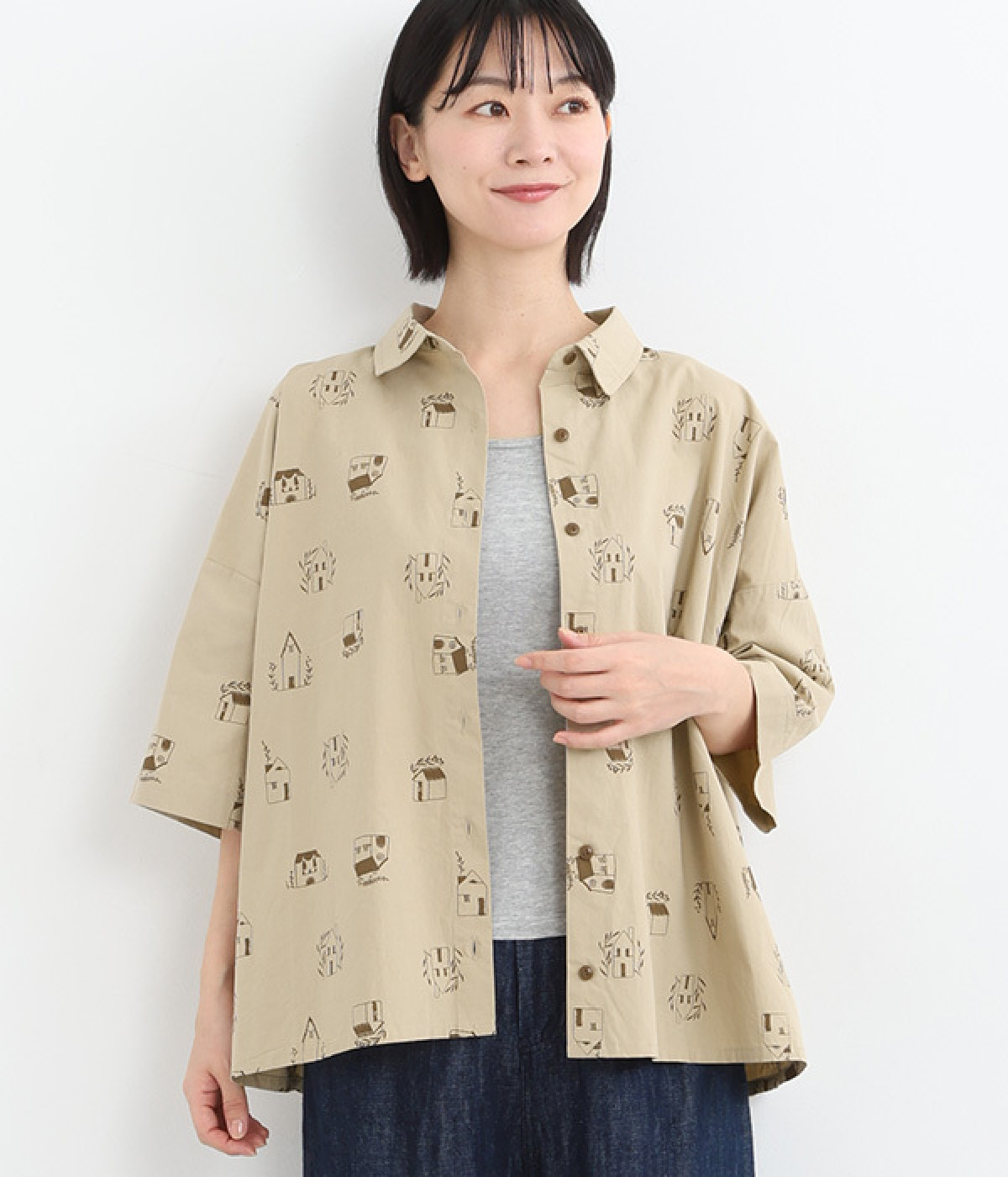 刺繍風お家プリント 丸襟ワイドシャツ(ベージュ-ONESIZE)
