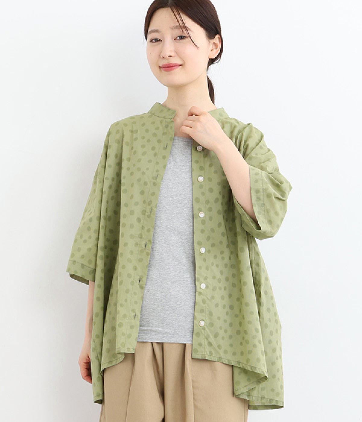 ドット 後ろタック入りブラウス(ライトグリーン-ONESIZE)