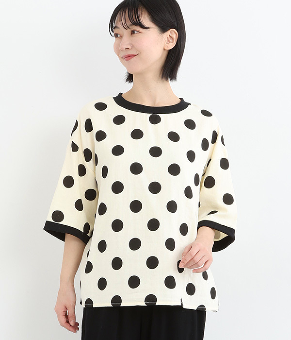 ビッグドットガーゼ リブ付き5分袖Tシャツ(ホワイト-ONESIZE)
