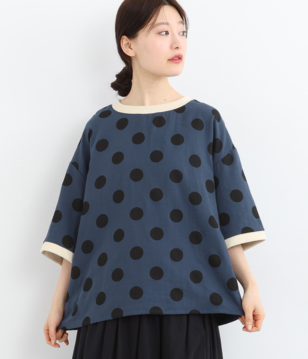 ビッグドットガーゼ リブ付き5分袖Tシャツ(ネイビー-ONESIZE)