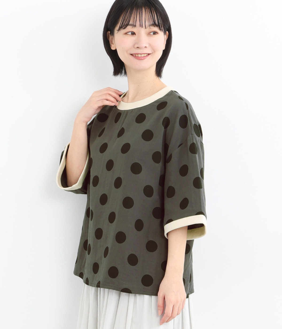 ビッグドットガーゼ リブ付き5分袖Tシャツ(チャコール-ONESIZE)