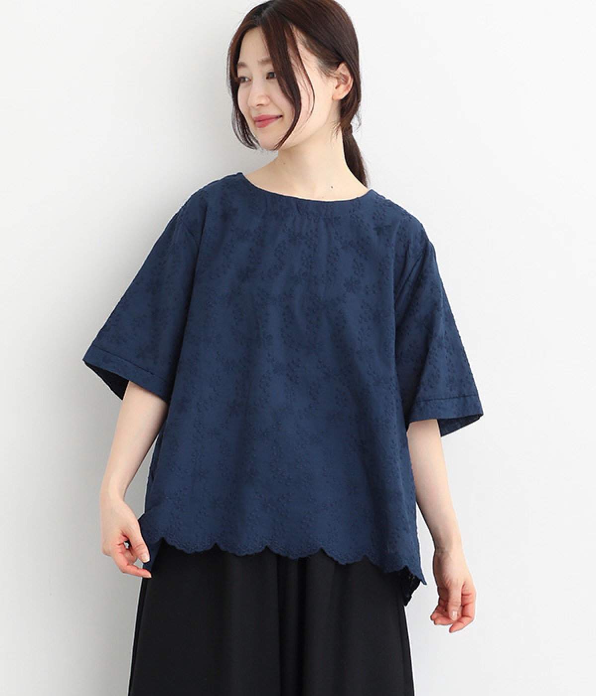コットン レースプルオーバー リーフ刺繍(ネイビー-ONESIZE)