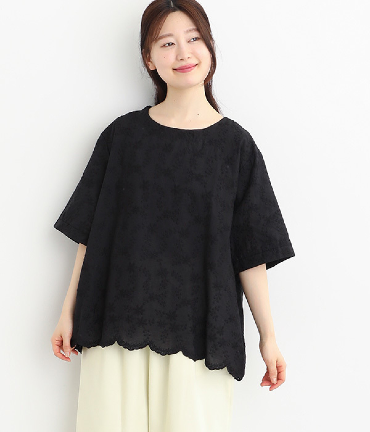 コットン レースプルオーバー リーフ刺繍(ブラック-ONESIZE)
