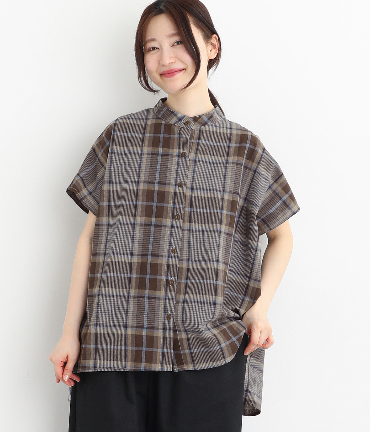 コットン ビックチェックドルマンシャツ(ネイビー×ブルー-ONESIZE)