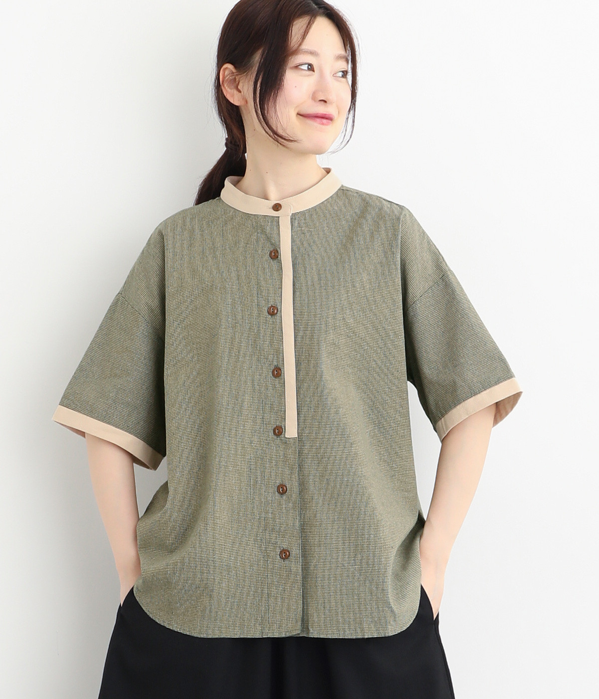 コットンリネン千鳥 配色ブラウス(カーキ-ONESIZE)