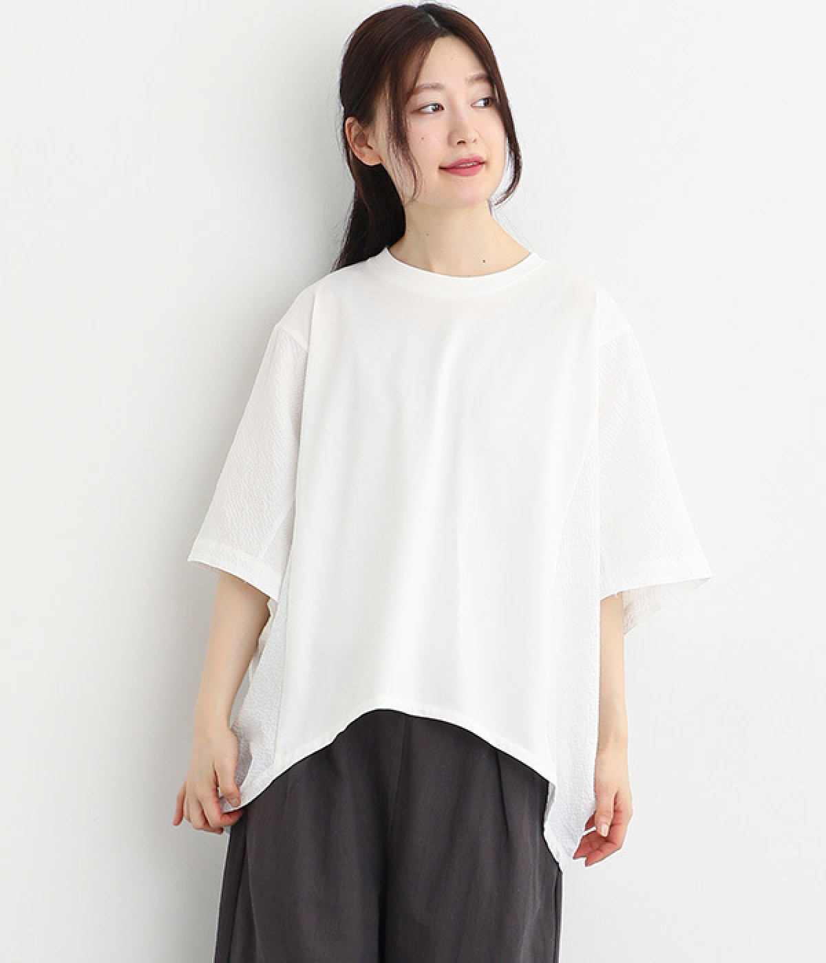 異素材切替 Aラインプルオーバー(ホワイト-ONESIZE)