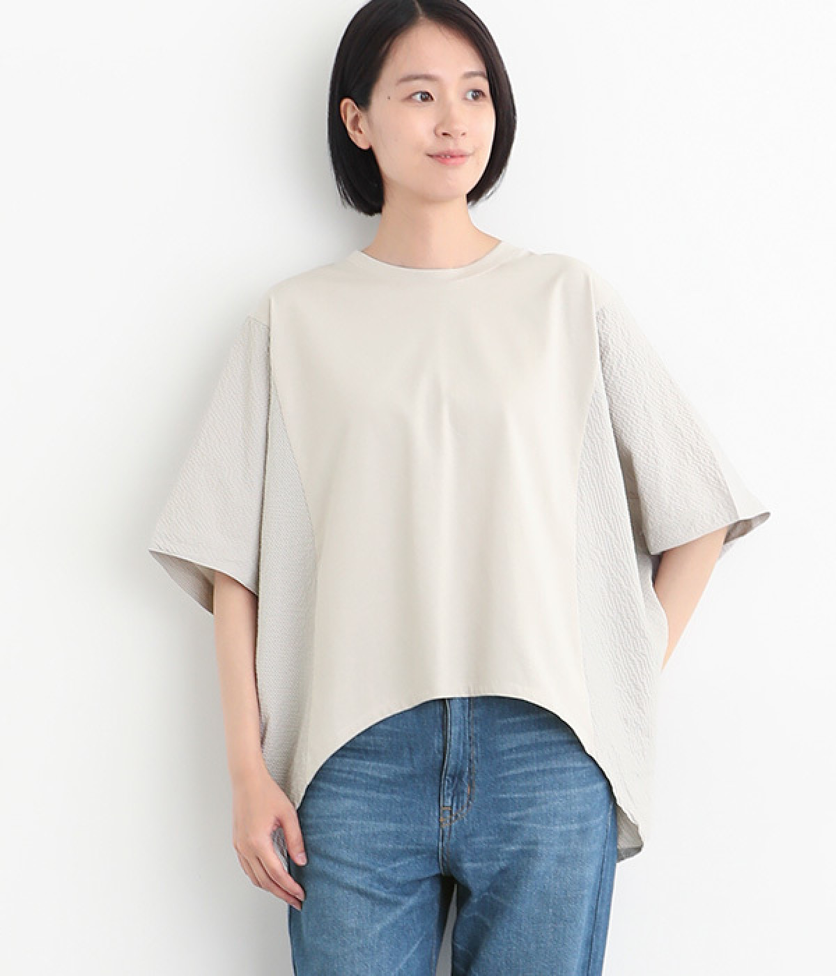 異素材切替 Aラインプルオーバー(グレー-ONESIZE)