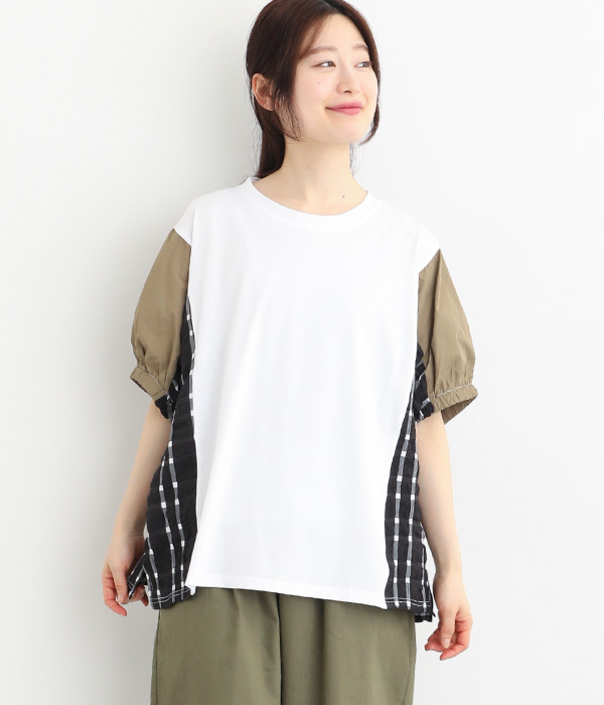 異素材切替 無地×チェックプルオーバー(ホワイト-ONESIZE)