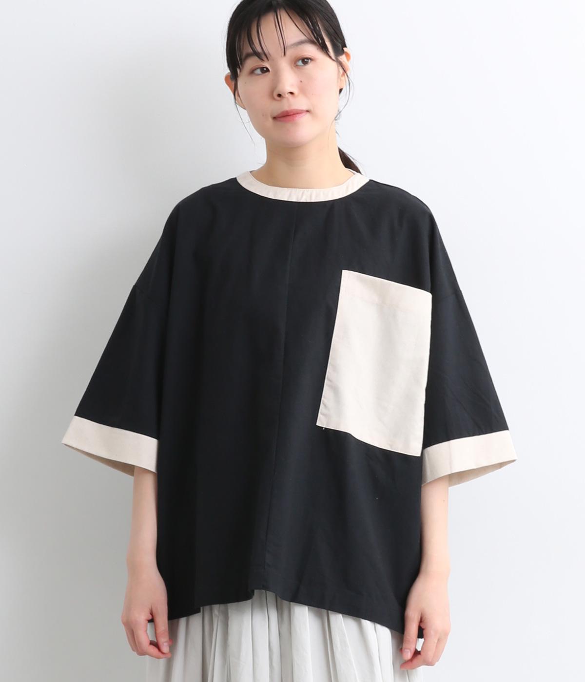 コットンリネン配色BIGポケットプルオーバー(ブラック×ナチュラル-ONESIZE)