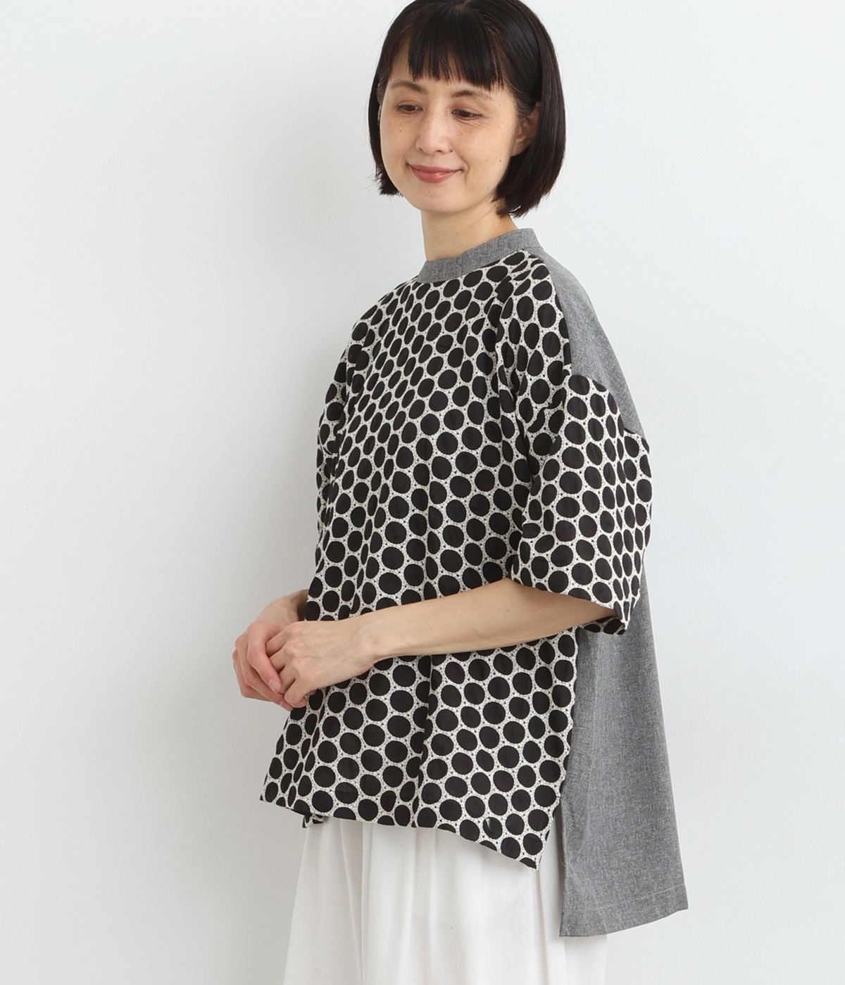 丸柄刺繍無地前切り替えプルオーバー(グレー×ブラック-ONESIZE)