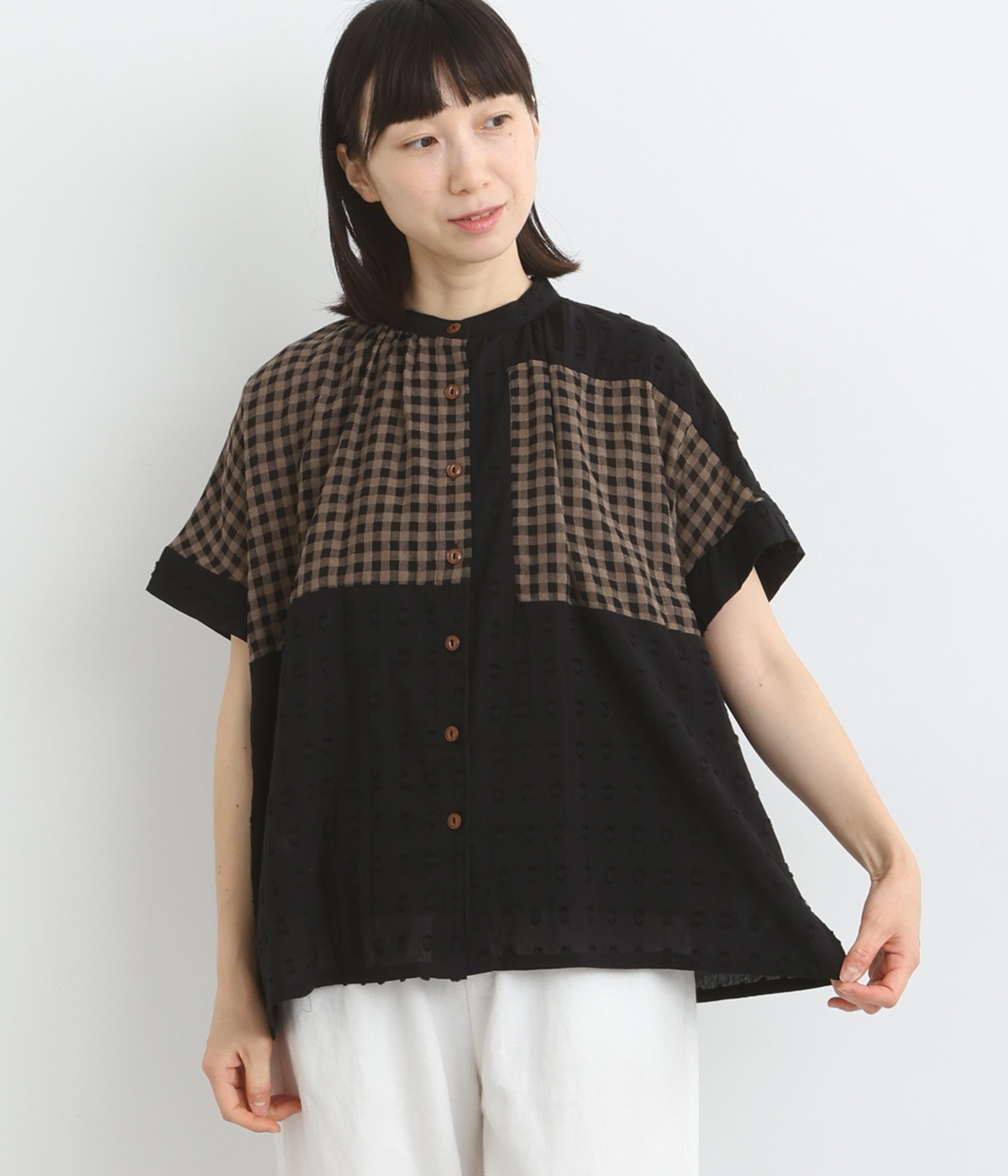 ドビーギンガム切替入りブラウス(ブラック×チャコール系/チェック-ONESIZE)