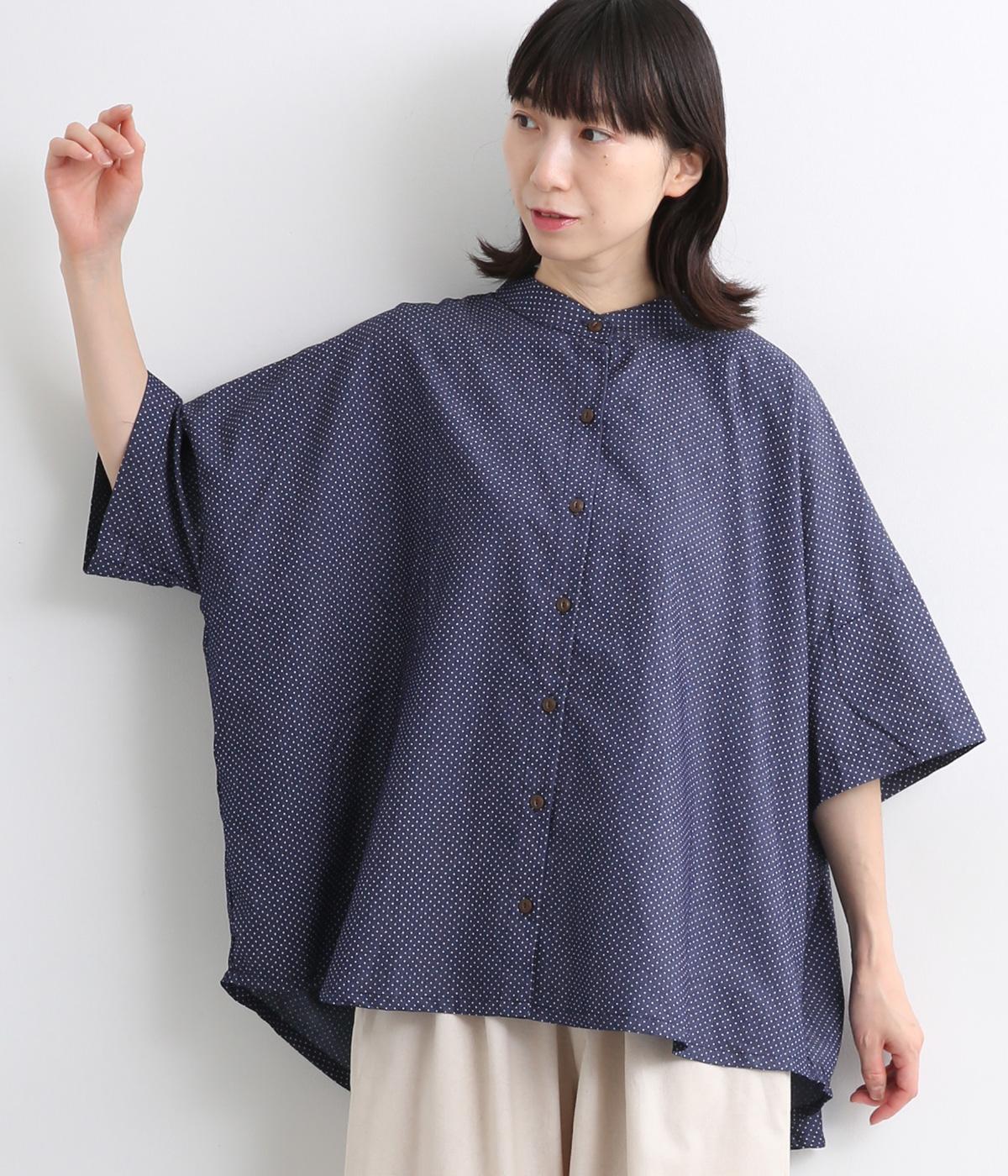 シャンブレーデニムdot後ろギャザーシャツ(ネイビードット-ONESIZE)