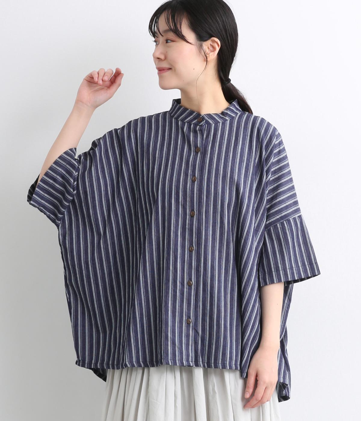 シャンブレーデニムストライプ後ろギャザーシャツ(ネイビーストライプ-ONESIZE)