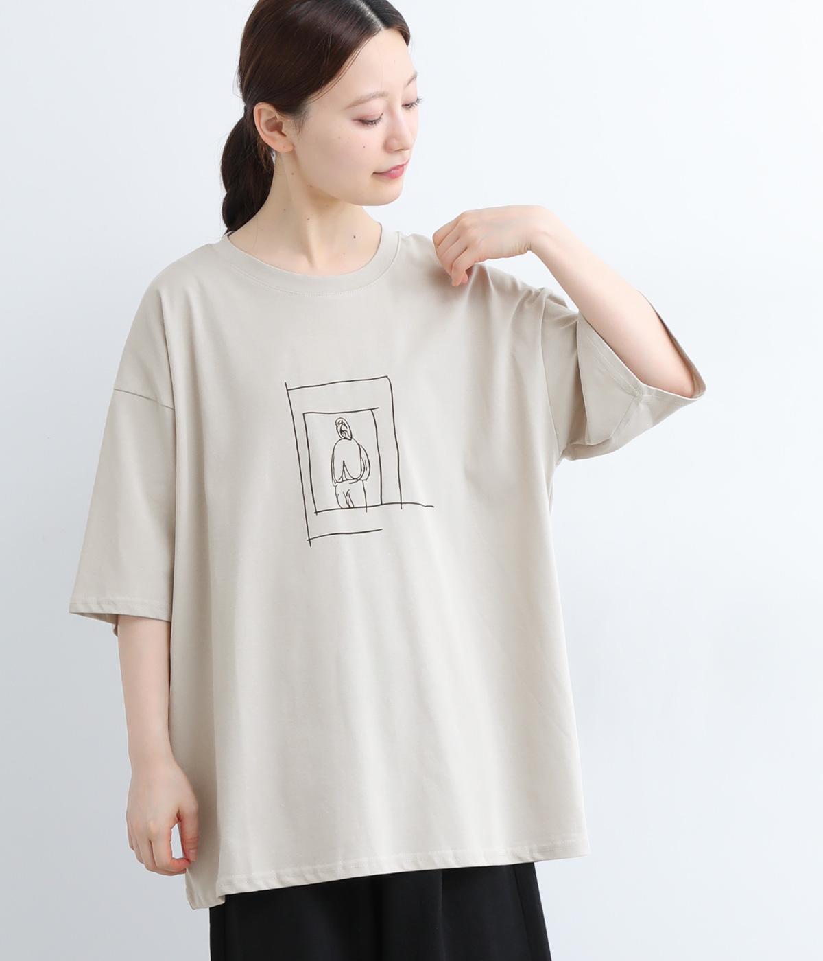 コットン 手書き風 人柄プリントTシャツ(ベージュ-ONESIZE)