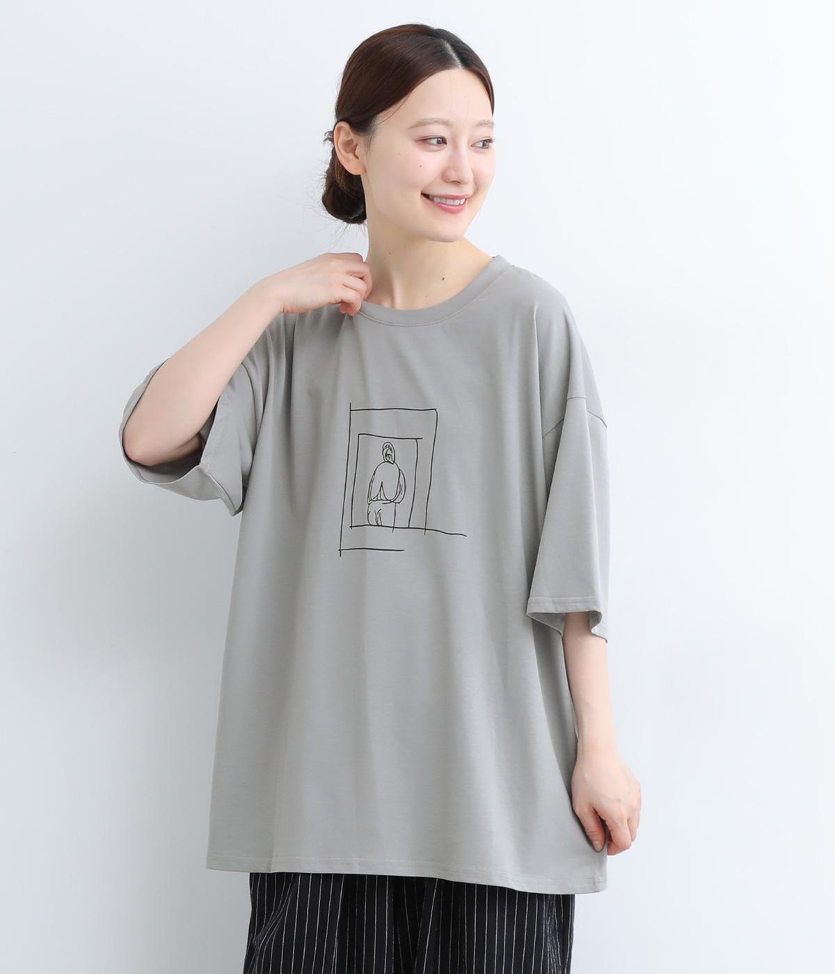 コットン 手書き風 人柄プリントTシャツ(チャコール-ONESIZE)