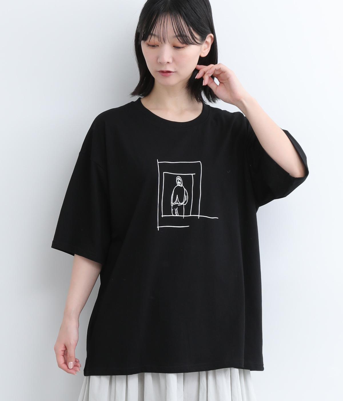 コットン 手書き風 人柄プリントTシャツ(ブラック-ONESIZE)