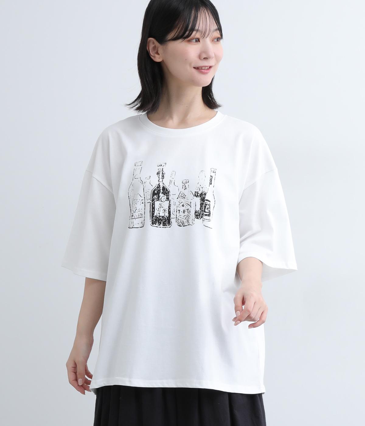 コットン 手書き風 瓶柄プリントTシャツ(ホワイト-ONESIZE)