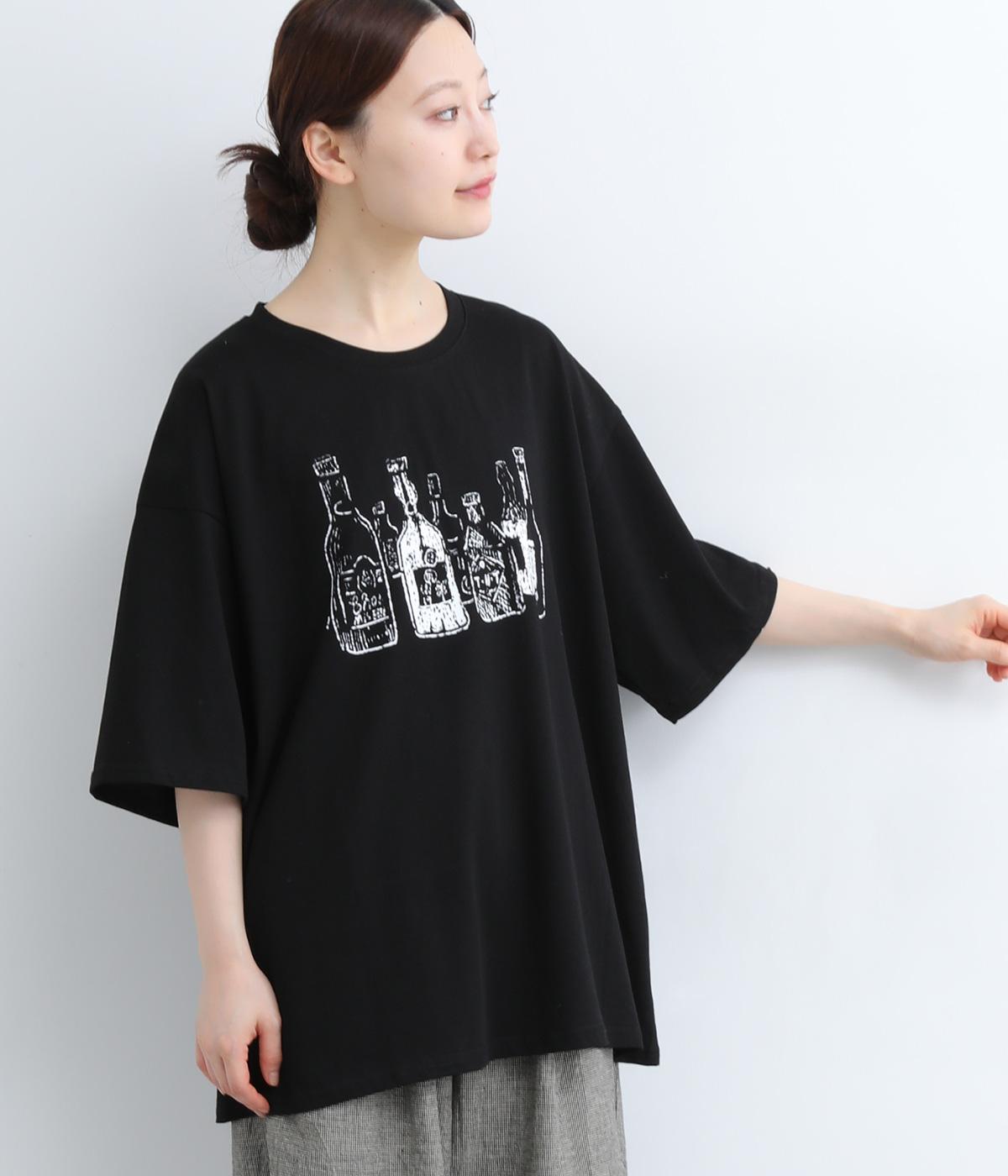 コットン 手書き風 瓶柄プリントTシャツ(ブラック-ONESIZE)