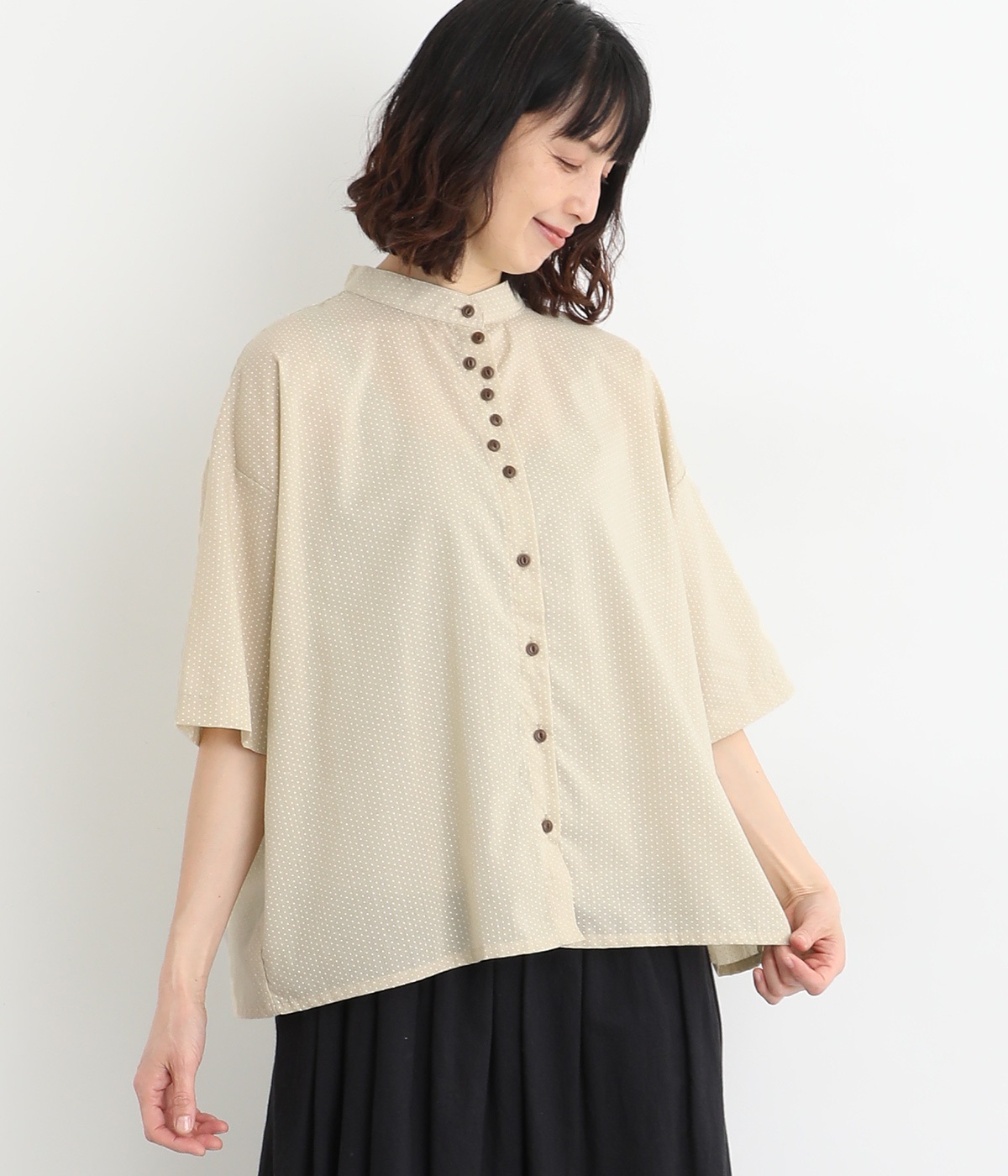 アンティーク風ドット 多ボタンシャツ(ナチュラル-ONESIZE)