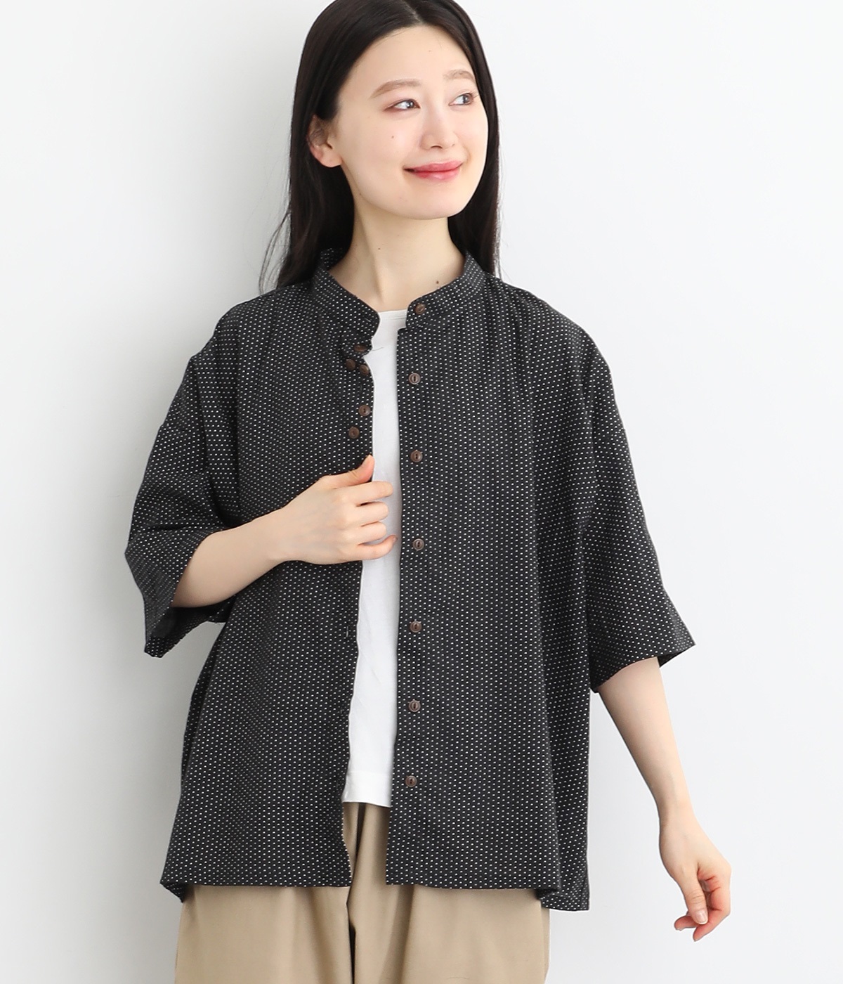 アンティーク風ドット 多ボタンシャツ(ブラック-ONESIZE)
