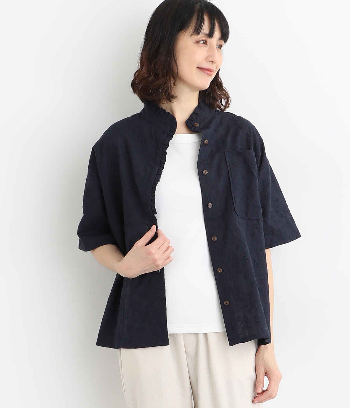 ぽこっとレース　FLOWERフリル付きシャツ(ダークネイビー-ONESIZE)
