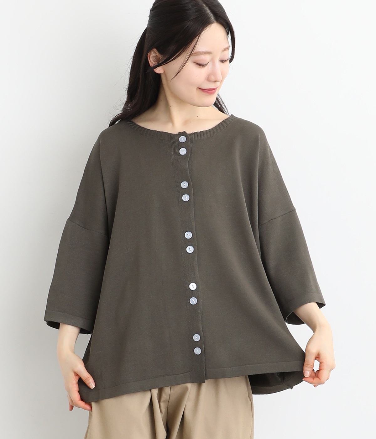 サマーニット 5分袖クルーカーディガン(チャコール-ONESIZE)
