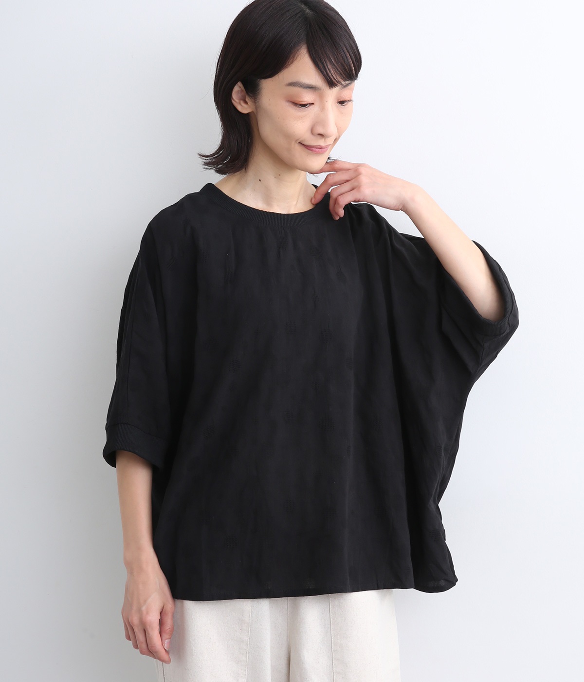 ドットジャカード リブ付きワイドプルオーバー(ブラック-ONESIZE)
