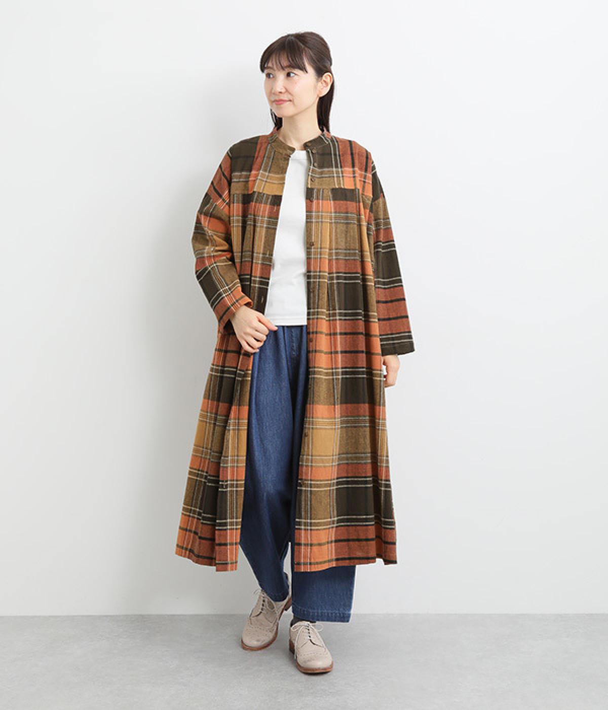 コットン ビッグチェックサイドポケット付きワンピース(ベージュ系-ONESIZE)