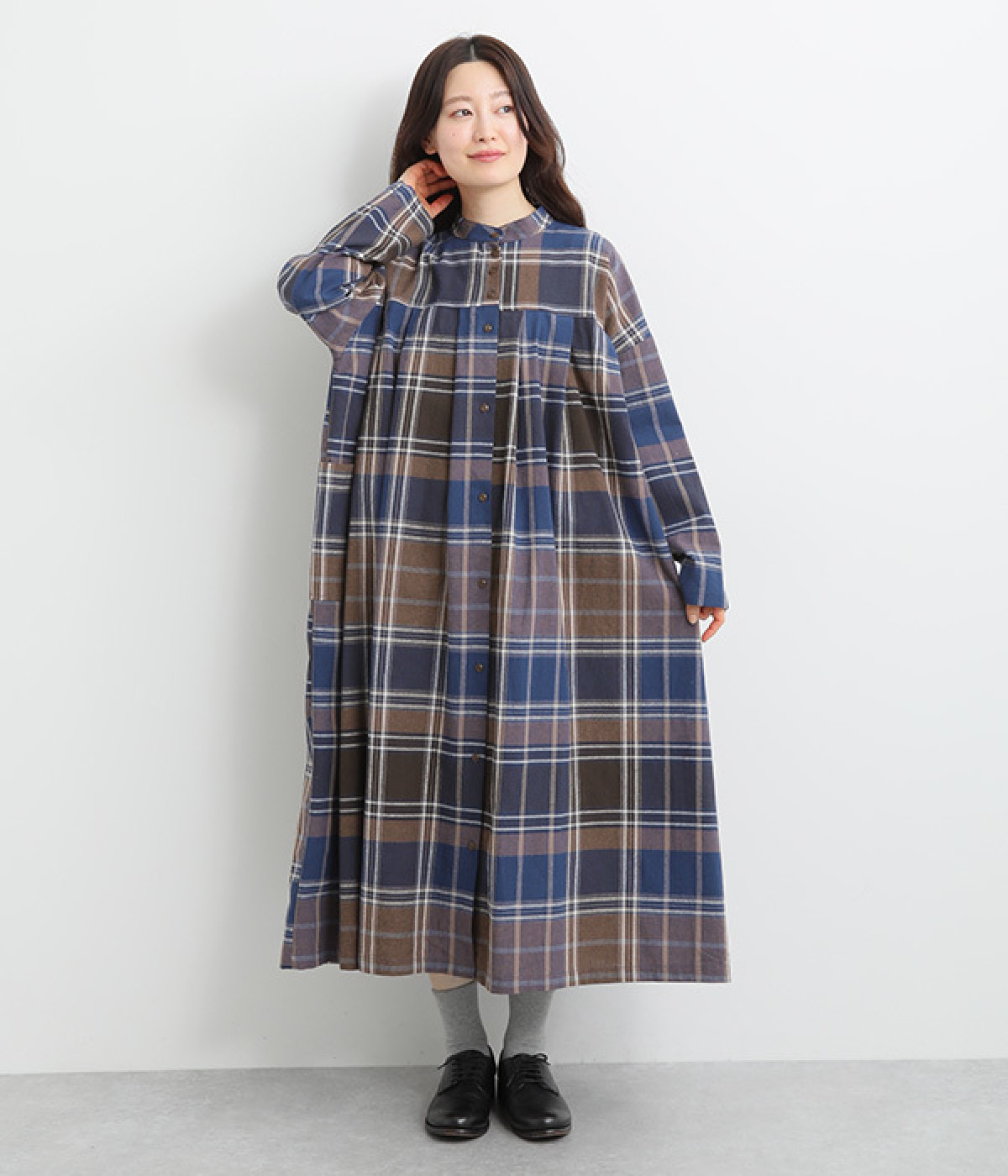 コットン ビッグチェックサイドポケット付きワンピース(ネイビー系-ONESIZE)