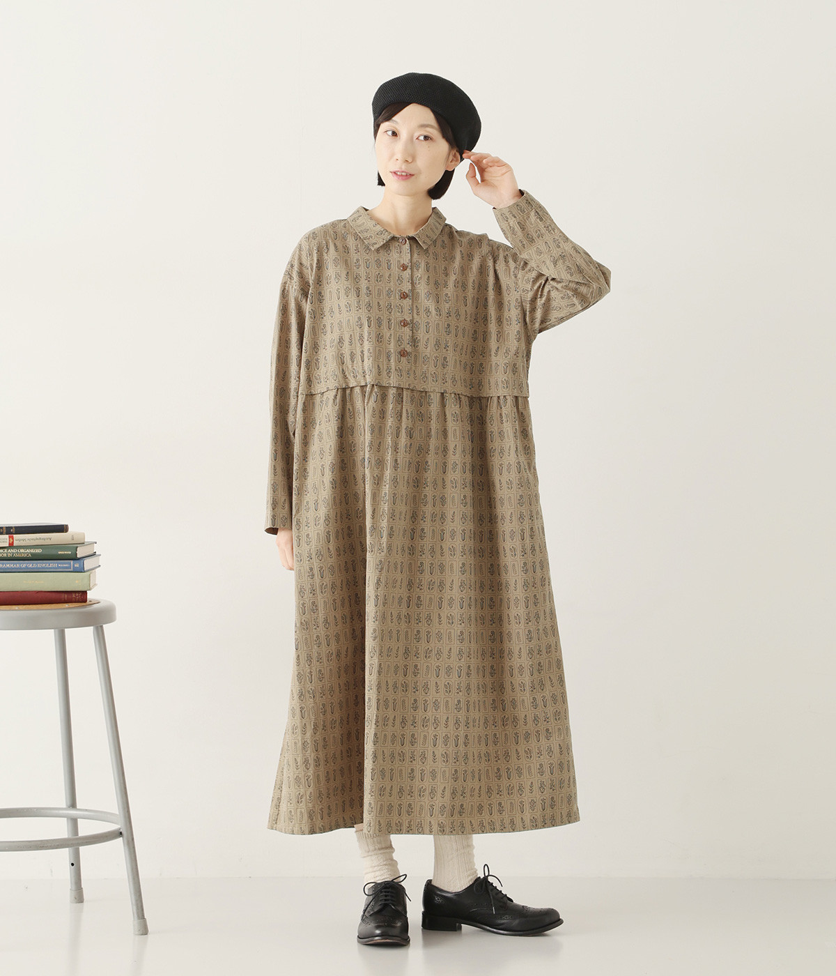 コットン 花柄ドッキング風ワンピース(ブラウン-ONESIZE)