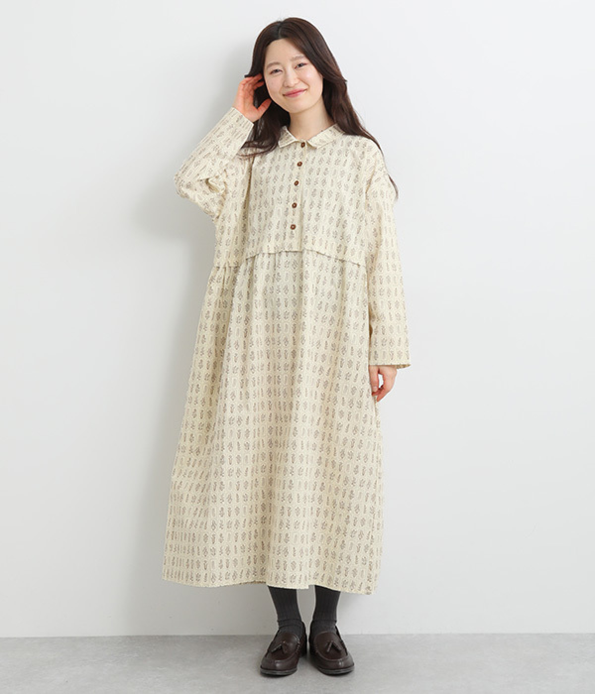 コットン 花柄ドッキング風ワンピース(ナチュラル-ONESIZE)