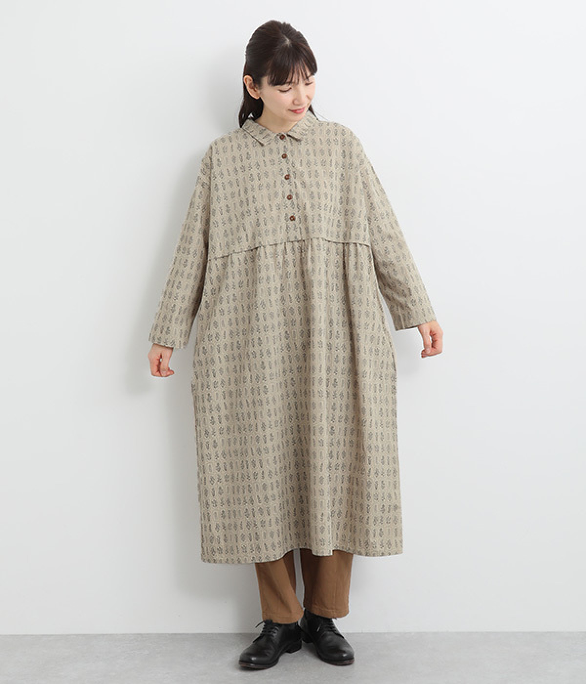 コットン 花柄ドッキング風ワンピース(ライトグレー-ONESIZE)
