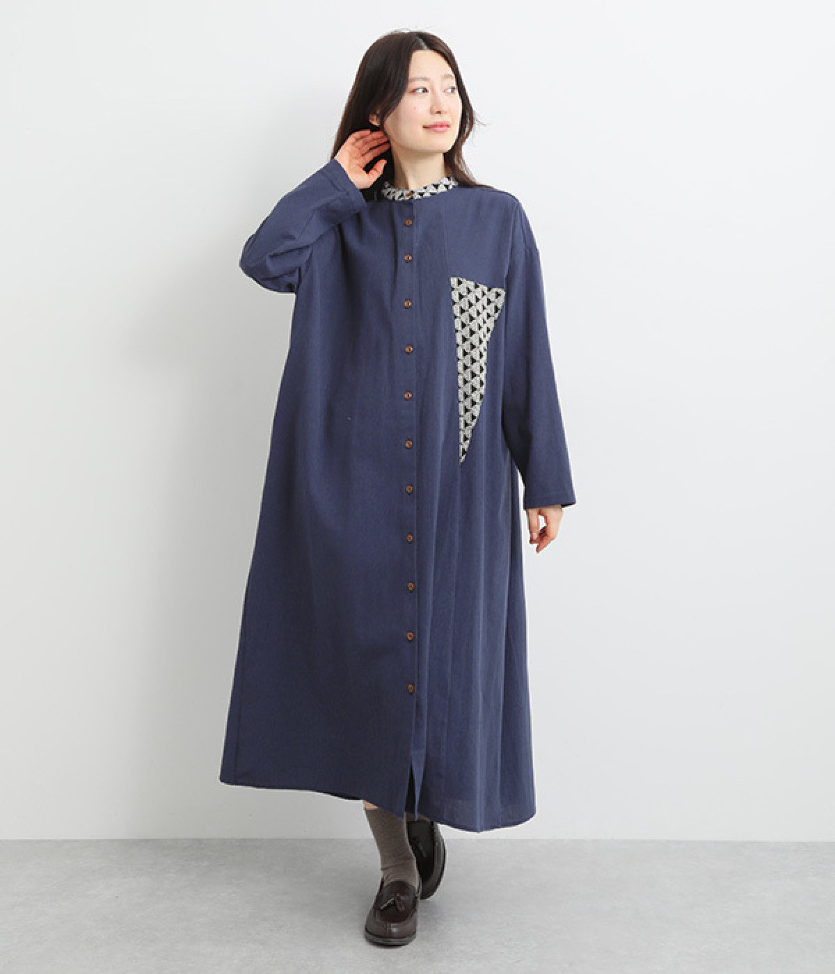 刺繍切替ポケット付き ワンピース(ネイビー×レース-ONESIZE)