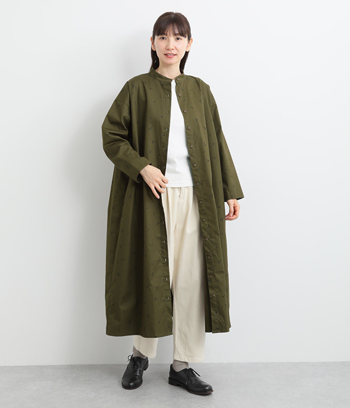 アンカーマーク柄 コットンギャザーワンピース(カーキ-ONESIZE)