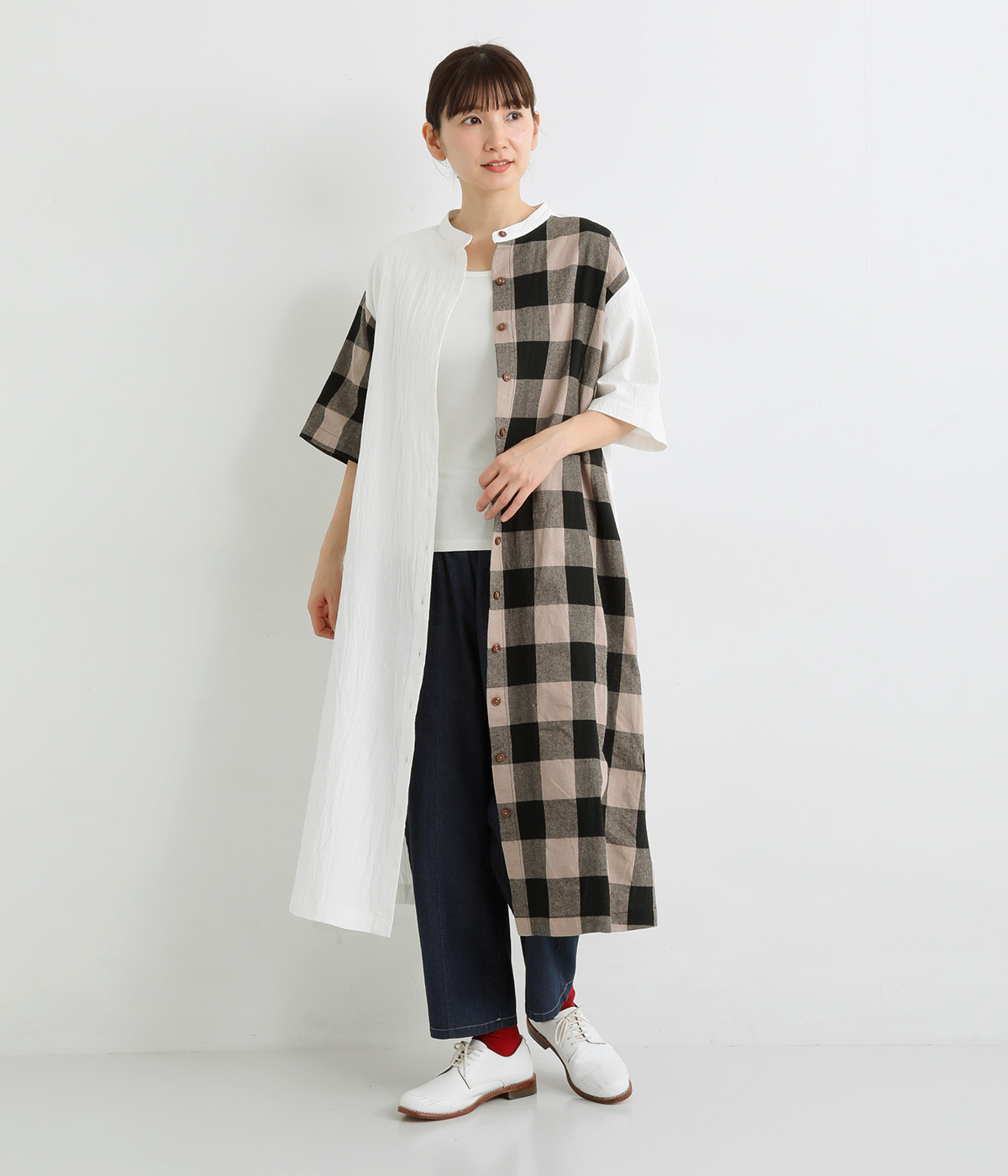チェック切替スタンドカラーワンピース(ホワイト×ナチュラルブロック-ONESIZE)